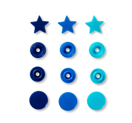 Plastové patentky "Color Snaps" hviezdičky, Prym Love, 12,4 mm, 30 ks, modré/tyrkysové/atramentové